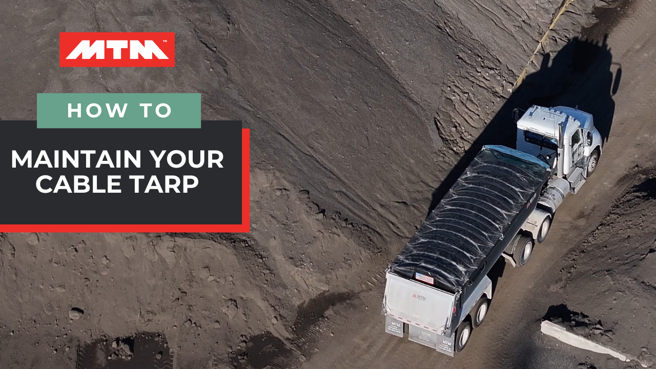 end-dump trailer in a quarry with text reading: maintain your cable tarp